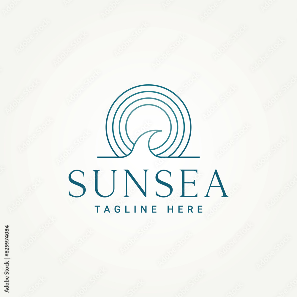 simple minimalist sun and ocean wave line art icon logo template vector illustration design