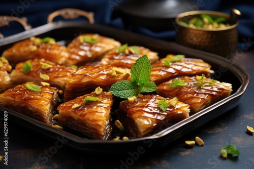 sliced baklava triangles with golden crust on a tray