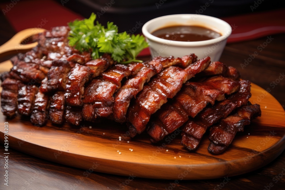sliced bbq ribs with dipping sauce on side sliced bbq ribs with dipping sauce on side