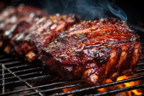 close-up of juicy bbq ribs on a grill
