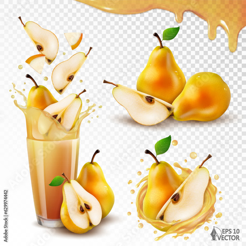 Vector set of ripe pears isolated on white background. Realistic transparent splash swirl with fruits inside. Glass of natural fresh juice. 3D food illustration, packaging design