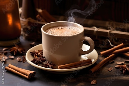 steaming chai latte in a ceramic mug, cinnamon stick