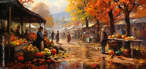 painting style illustration, people walking and shopping in bustling Autumn farmer market, Generative Ai photo