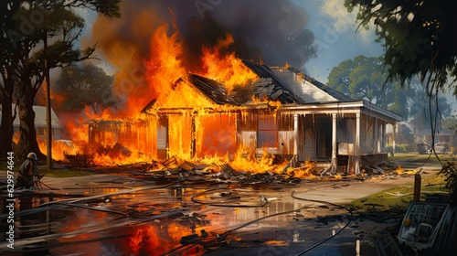 Devastating Fire Damage to Home - Burnt Debris and Melted Fixtures in the Aftermath of Fire with Fireman and Water Hose: Generative AI