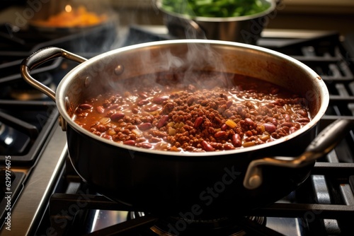 steaming pot of chili on stovetop