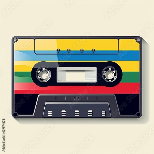 Vintage tape cassette. Retro mixtape, 1980s pop songs tapes and stereo music cassettes with rainbow label.