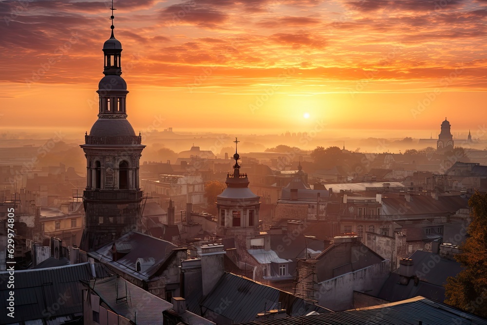Sunrise over Lviv City: Stunning View of Old Tower and Sunny Europa in Ukraine (AR 3:2): Generative AI