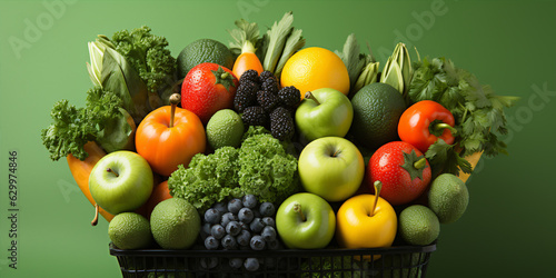 Top view Hands with a cart full of fresh delicious vegetables and fruits  copy space pastel background