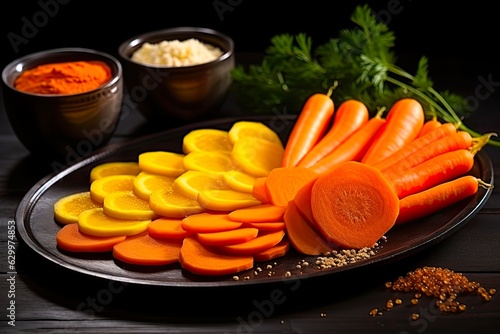 Traditional Jewish Tzimmes Dish on Festive Orange Background with Carrots and Blackboard: Generative AI photo