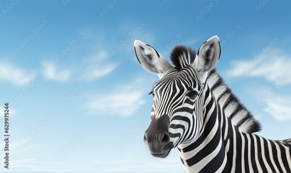 Naklejka premium Two zebras embracing.A serene moment in a Zebra herd as two family members rest their heads on each other. striped cape donkey in the blue sky with copy space