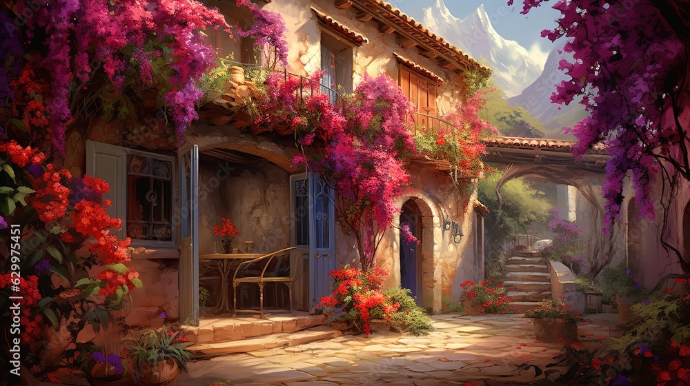 painting style illustratio, vivid pink purple flower blossomimg bougainvillea climbing plant tree covered on small house wall and roof, happy relax vibe wallpaper, Generative Ai