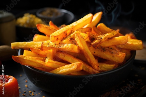 close-up of golden crispy fries in bowl