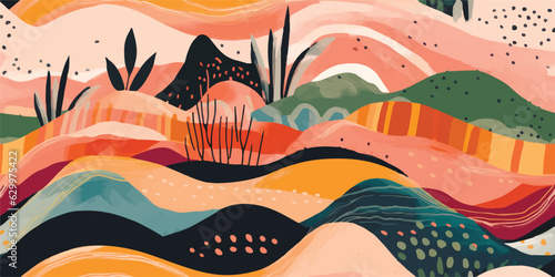 Trendy landscape pattern with plants. Creative collage contemporary pattern. Fashionable template for design.