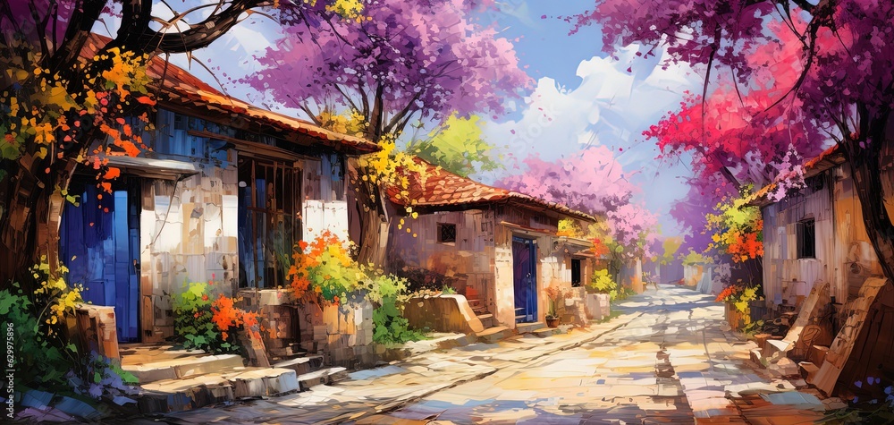 Naklejka premium painting style illustration of toscan village covered with bougainvillea blossoming in summer time, happy joyful summer vibe, Generative Ai