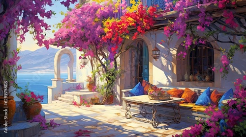 painting style illustratio, vivid pink purple flower blossomimg bougainvillea climbing plant tree covered on small house wall and roof, happy relax vibe wallpaper, Generative Ai © QuietWord