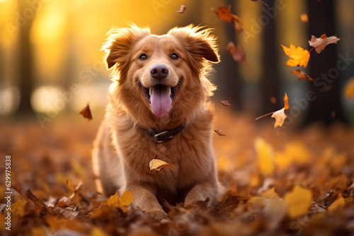 Photograph of a close-up of a dog playing in autumn leaves in a park, beautiful bokeh