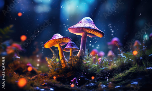Glowing hallucinogenic mushrooms in a magical forest