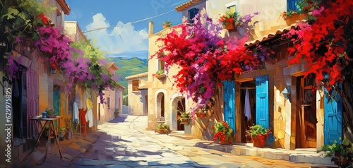 painting style illustration of toscan village covered with bougainvillea blossoming in summer time, happy joyful summer vibe, Generative Ai © QuietWord