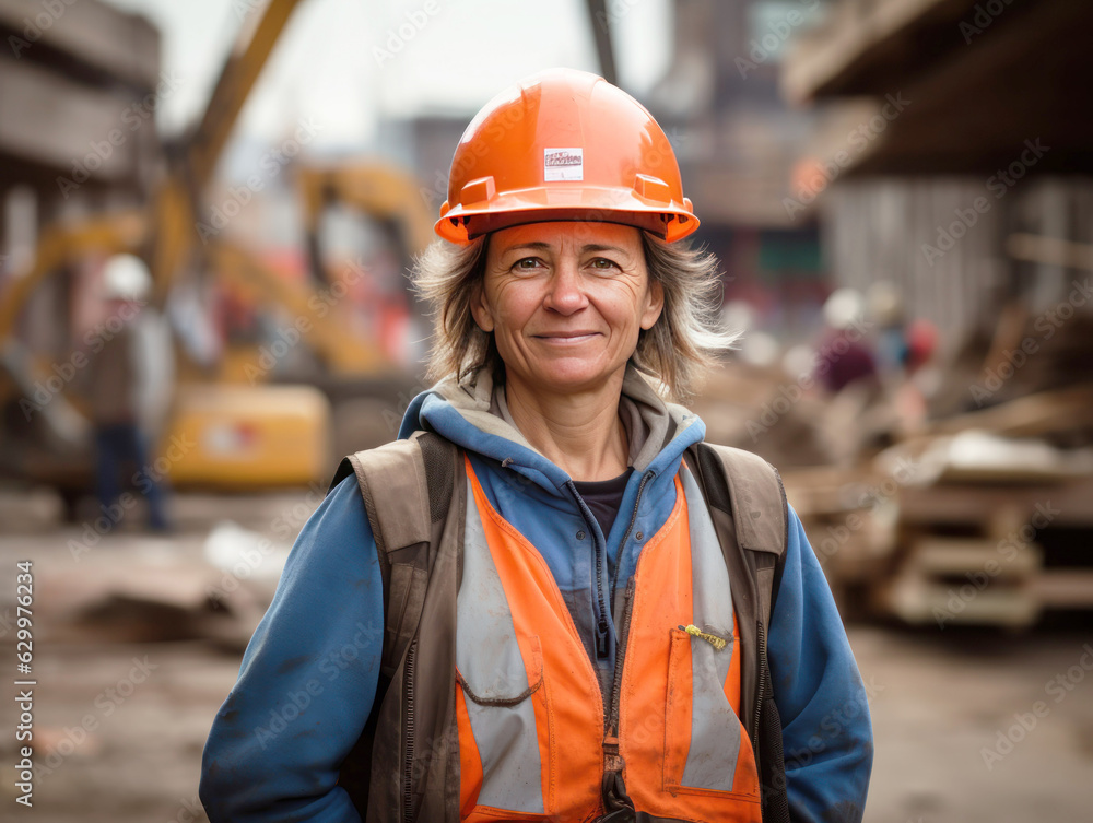 woman working on a construction site, construction hard hat and work vest, smirking, middle aged or older woman working on a construction site, construction hard hat and work vest, smirking, middle aged or older