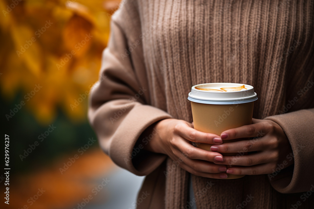 Photograph of a close-up of female hands holding a to go coffee cup with autumn clothes, beautiful bokeh Photograph of a close-up of female hands holding a to go coffee cup with autumn clothes, beautiful bokeh