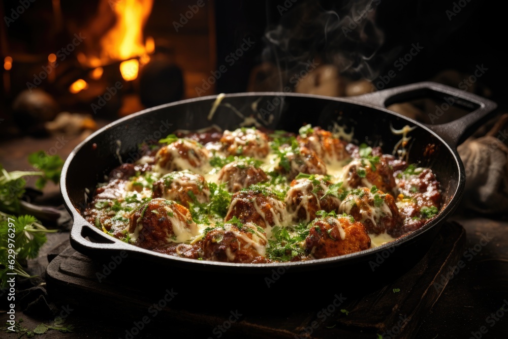 homemade meatballs cooking in a skillet