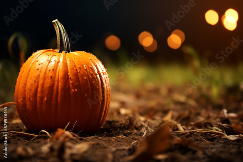 Photograph of one halloween pumpkin on a field in focus with a beautiful bokeh