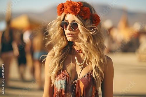 a woman in coachella hippie womanish style inspired outfit and makeup. generative AI photo