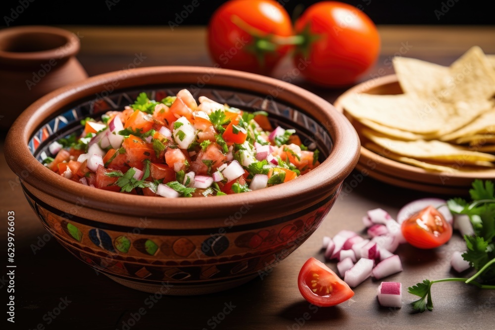 pico de gallo in a rustic ceramic bowl with tortilla chips pico de gallo in a rustic ceramic bowl with tortilla chips