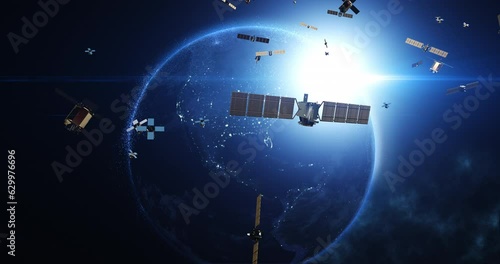 Advancing Telecommunication and High-Speed Internet. Satellites Flying Around Earth. Industry And Technology Related 3D Animation.