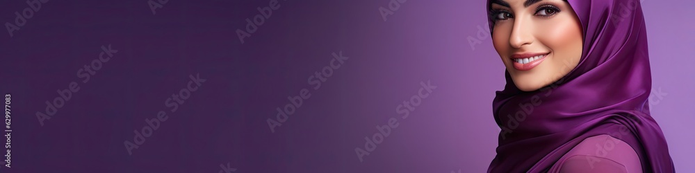Arabic Female Purple High Fashion Backdrop With Copyspace Generative AI Arabic Female Purple High Fashion Backdrop With Copyspace Generative AI