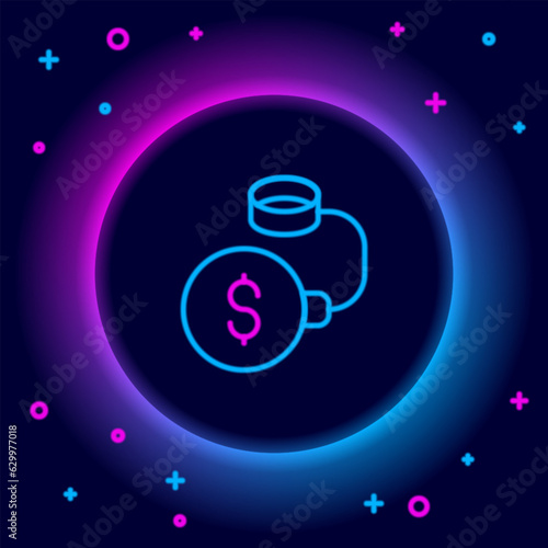 Glowing neon line Debt ball chained to dollar coin icon isolated on black background. Big heavy debt weight with shackles and money. Financial crime, fee, crisis. Colorful outline concept. Vector
