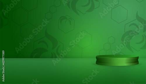Realistic 3d podium in green festive colors. Against the background of a Chinese traditional pattern. Proper lighting and shadows. Product presentation for traditional Asian holidays.