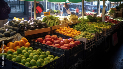 Market stalls with fruits and vegetables, Background, Generative Ai
