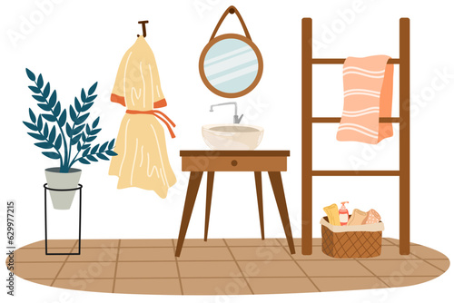 Bathroom interior vector illustration. Sink, bedside table, shelf, basket with towels, bathrobe and mirror. Modern interior design. 