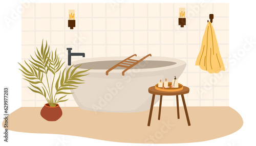 Bathroom interior. Bath, towel on a hanger, table with candles, carpet, houseplant. Flat vector illustration isolated on white background