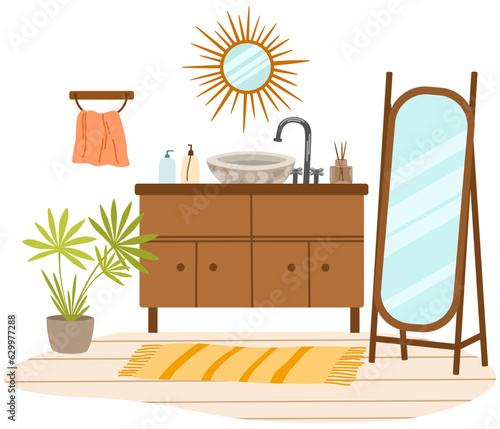 Bathroom interior in Scandinavian style. Sink, bedside table, shelf, basket with towels, bathrobe, houseplant and mirror. Modern interior design. Vector Illustration