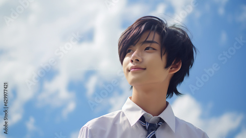 青空を見上げる男子高校生