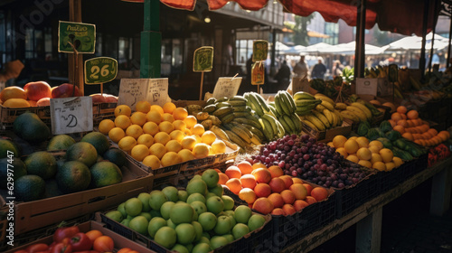 Market stalls with fruits and vegetables, Background, Generative Ai © Alex Cuong