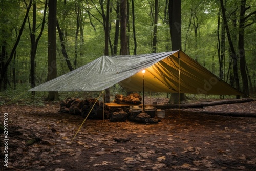 waterproof tarp shelter set up in a wooded area photo