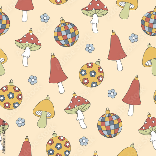 Groovy Christmas seamless pattern. Ball  disco ball  mushroom in trendy retro cartoon style. Background for winter festive design.