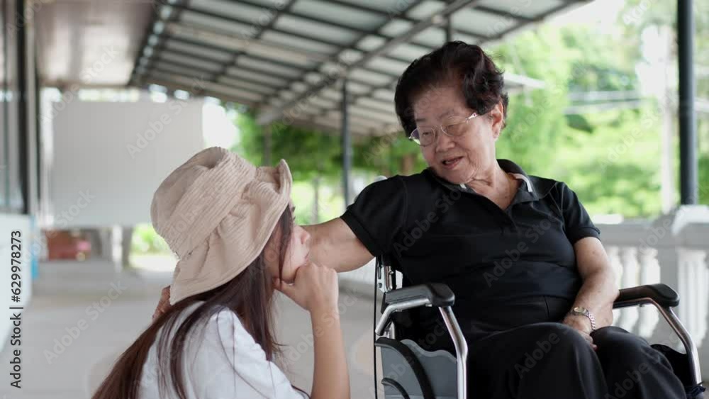 Asian careful caregiver or granddaughter and happy patient in a wheelchair are walking in the garden. Concept of happy retirement with care from a caregiver and Savings and senior health insurance. Asian careful caregiver or granddaughter and happy patient in a wheelchair are walking in the garden. Concept of happy retirement with care from a caregiver and Savings and senior health insurance.
