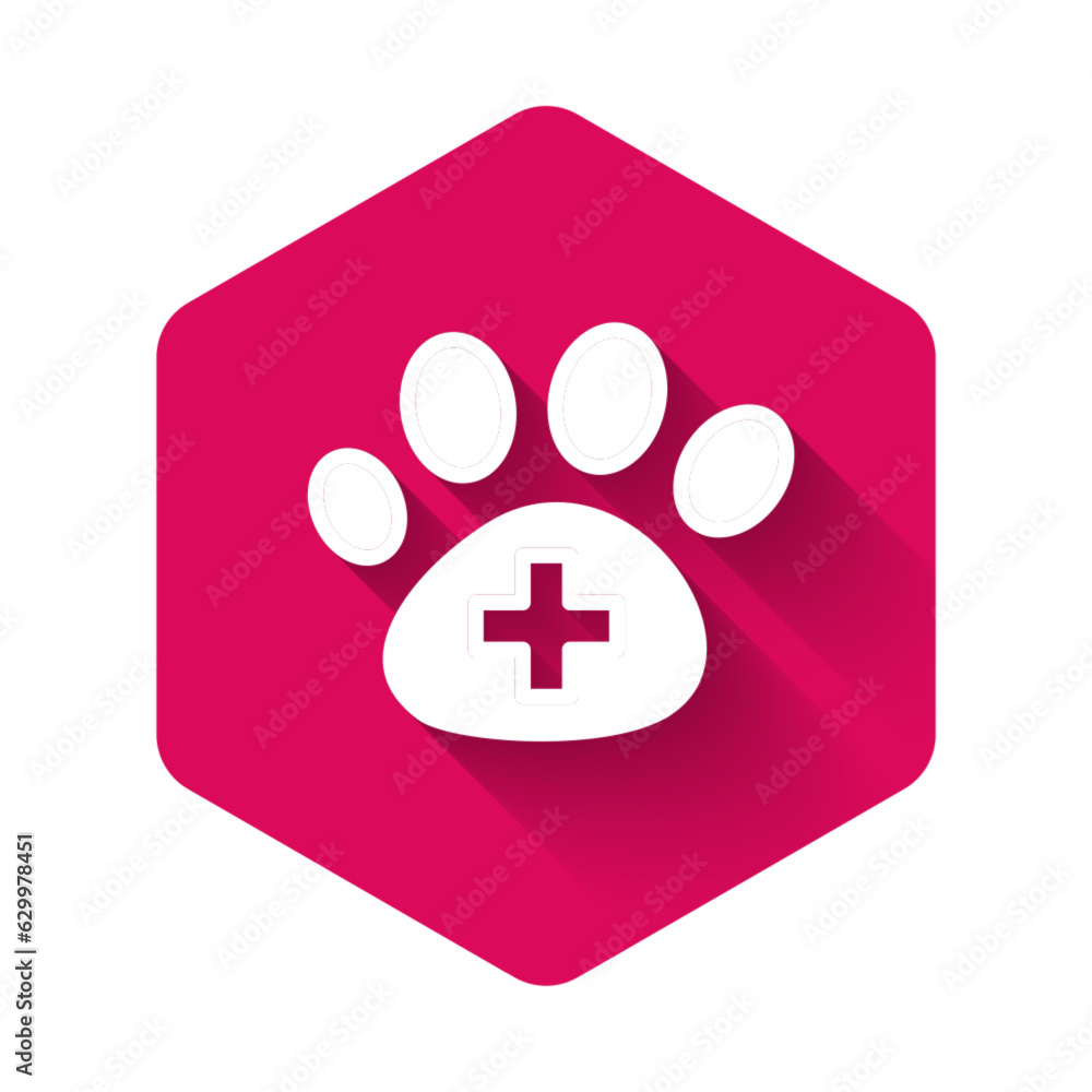 Obraz premium White Veterinary clinic symbol icon isolated with long shadow background. Cross hospital sign. A stylized paw print dog or cat. Pet First Aid sign. Pink hexagon button. Vector