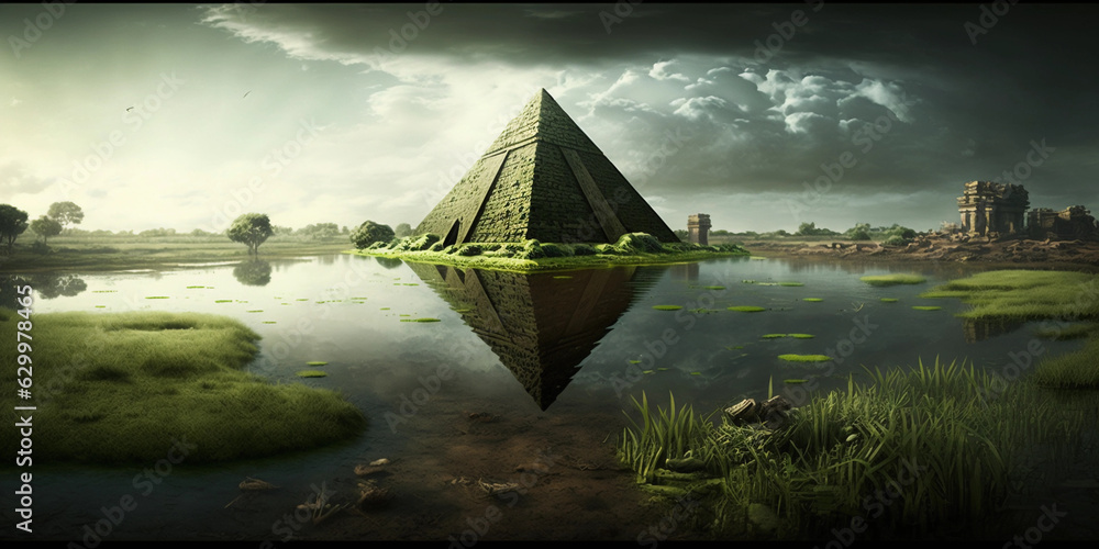 Ancient pyramid in a green filed 