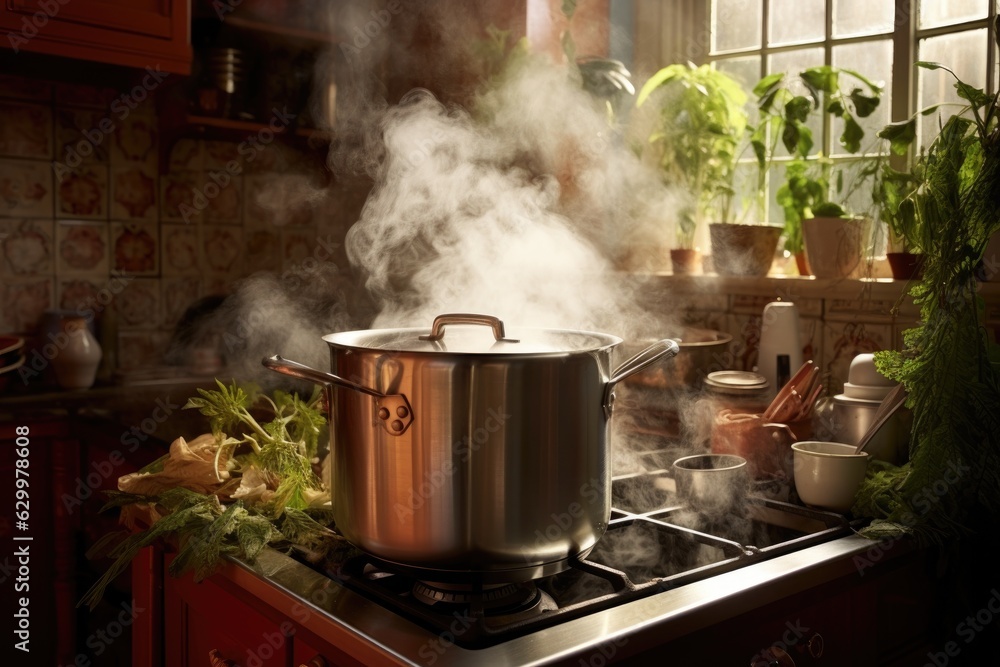 steamer in kitchen with steam rising from pot steamer in kitchen with steam rising from pot