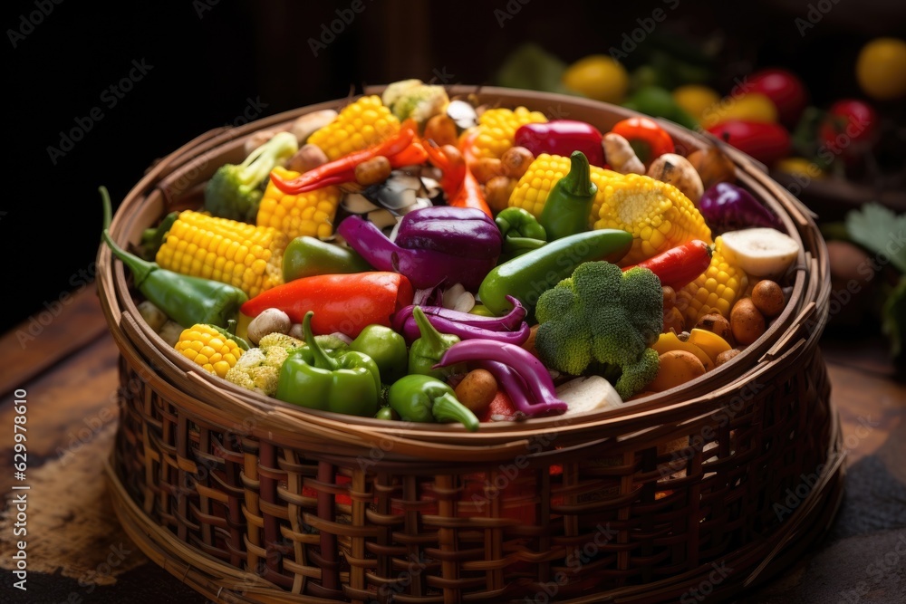 close-up of steamer basket filled with colorful vegetables