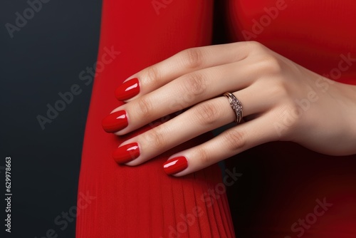 Manicured hand with red nail polish.