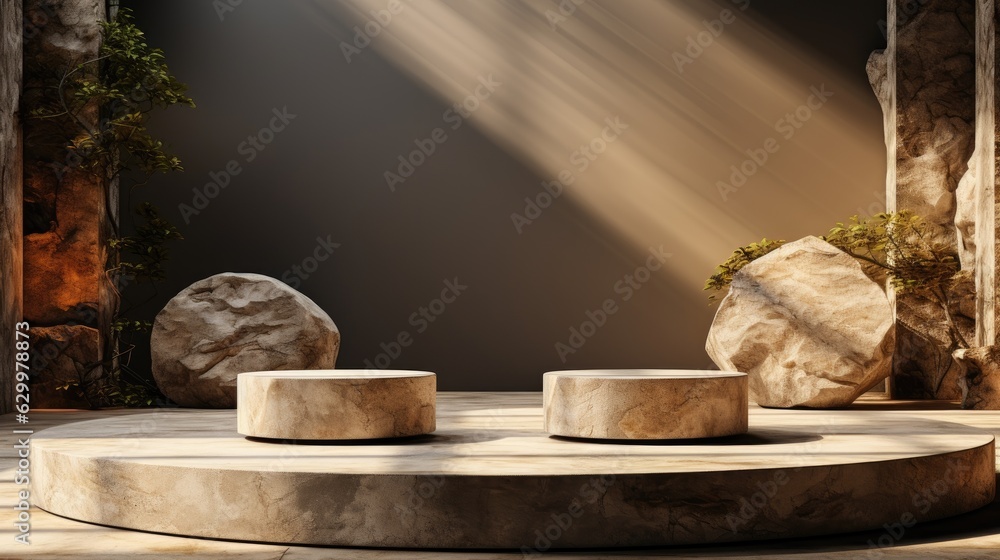 two stone podium to display and showcase your products. beautiful sunlight reflection and minimalist decoration. two stone podium to display and showcase your products. beautiful sunlight reflection and minimalist decoration.