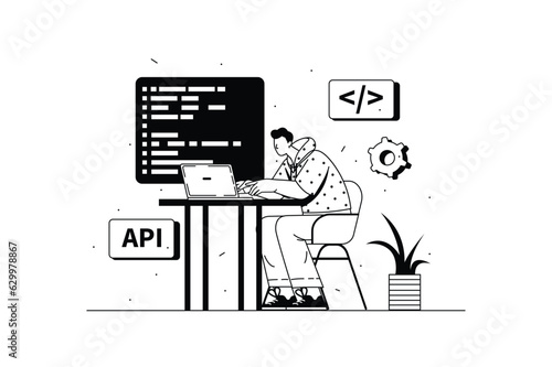 Programming concept with people scene in the flat line cartoon design. A programmer writes code for various programs. Vector illustration.