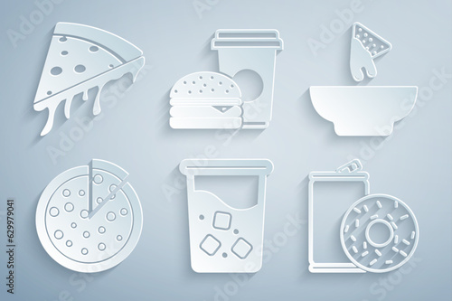 Set Glass with water, Nachos in plate, Pizza, Aluminum can soda and donut, Coffee burger and Slice pizza icon. Vector