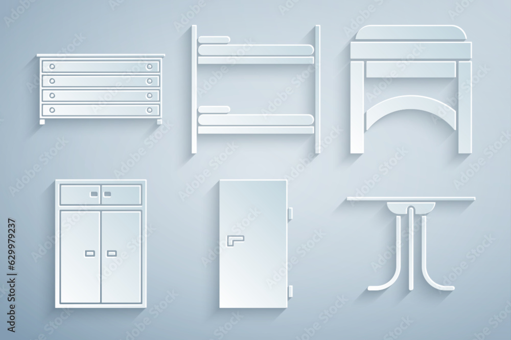 Set Closed door, Chair, Wardrobe, Round table, Bunk bed and Chest of drawers icon. Vector Set Closed door, Chair, Wardrobe, Round table, Bunk bed and Chest of drawers icon. Vector